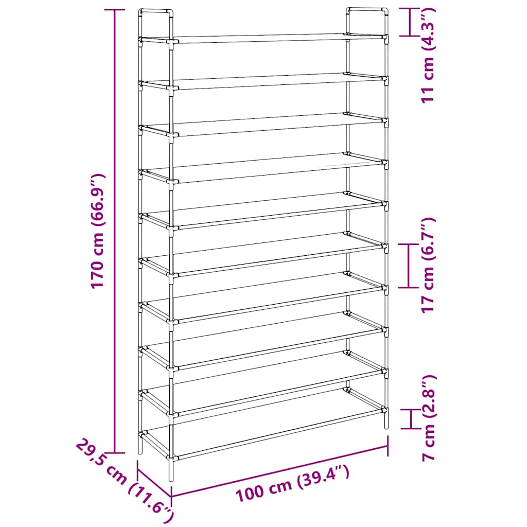 Shoe Rack with 10 Shelves Metal and Non-woven Fabric Black