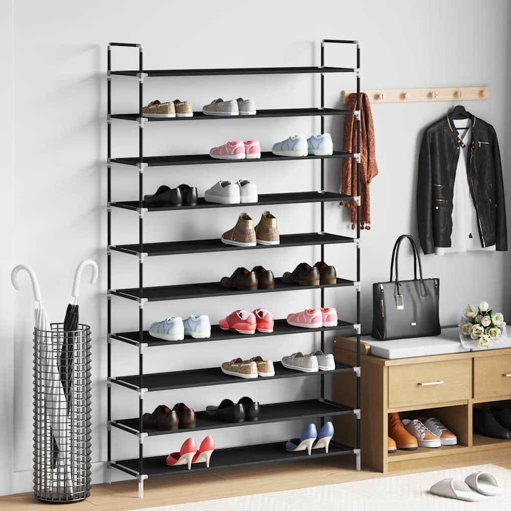 Shoe Rack with 10 Shelves Metal and Non-woven Fabric Black