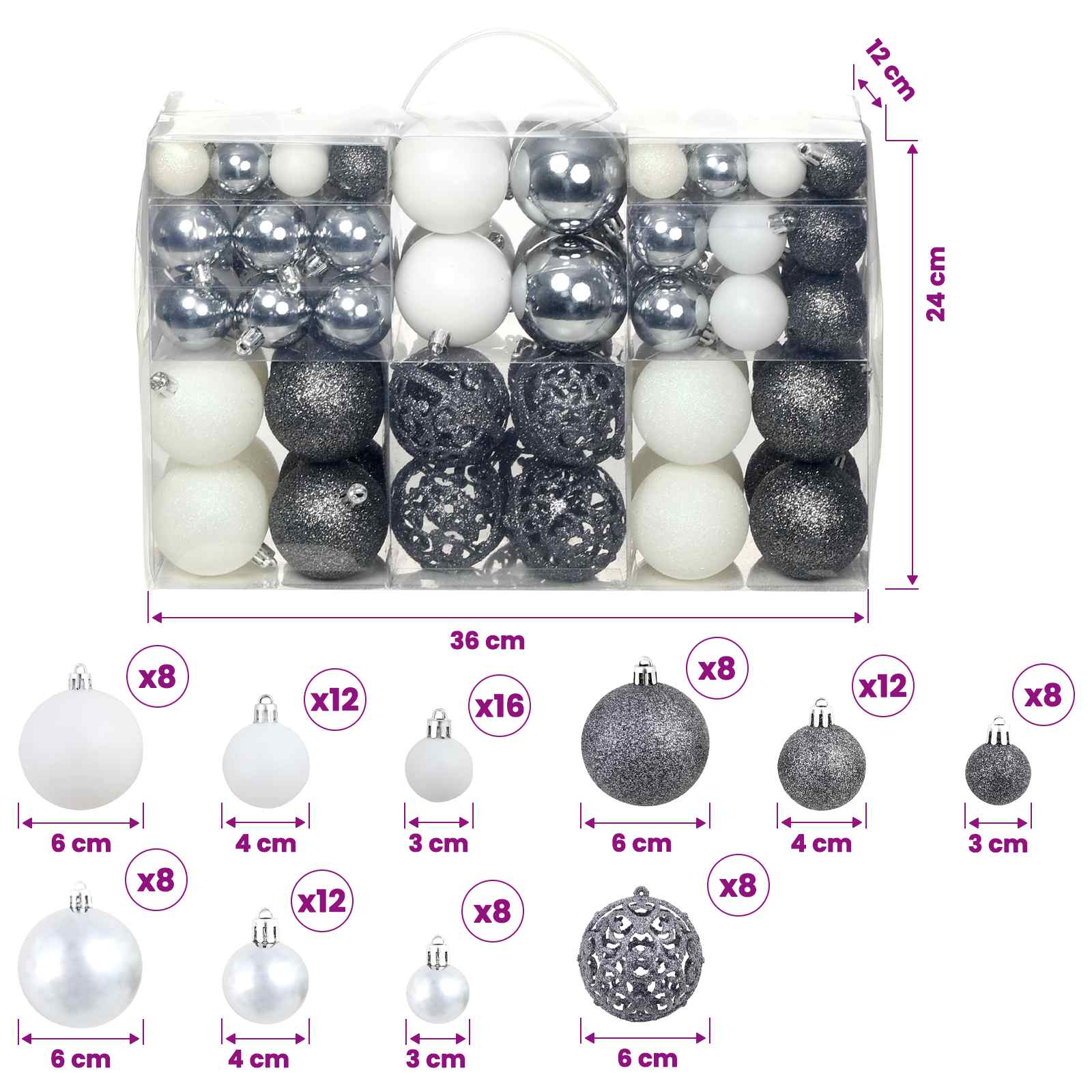 100 Piece Christmas Ball Set 3/4/6 cm White/Grey