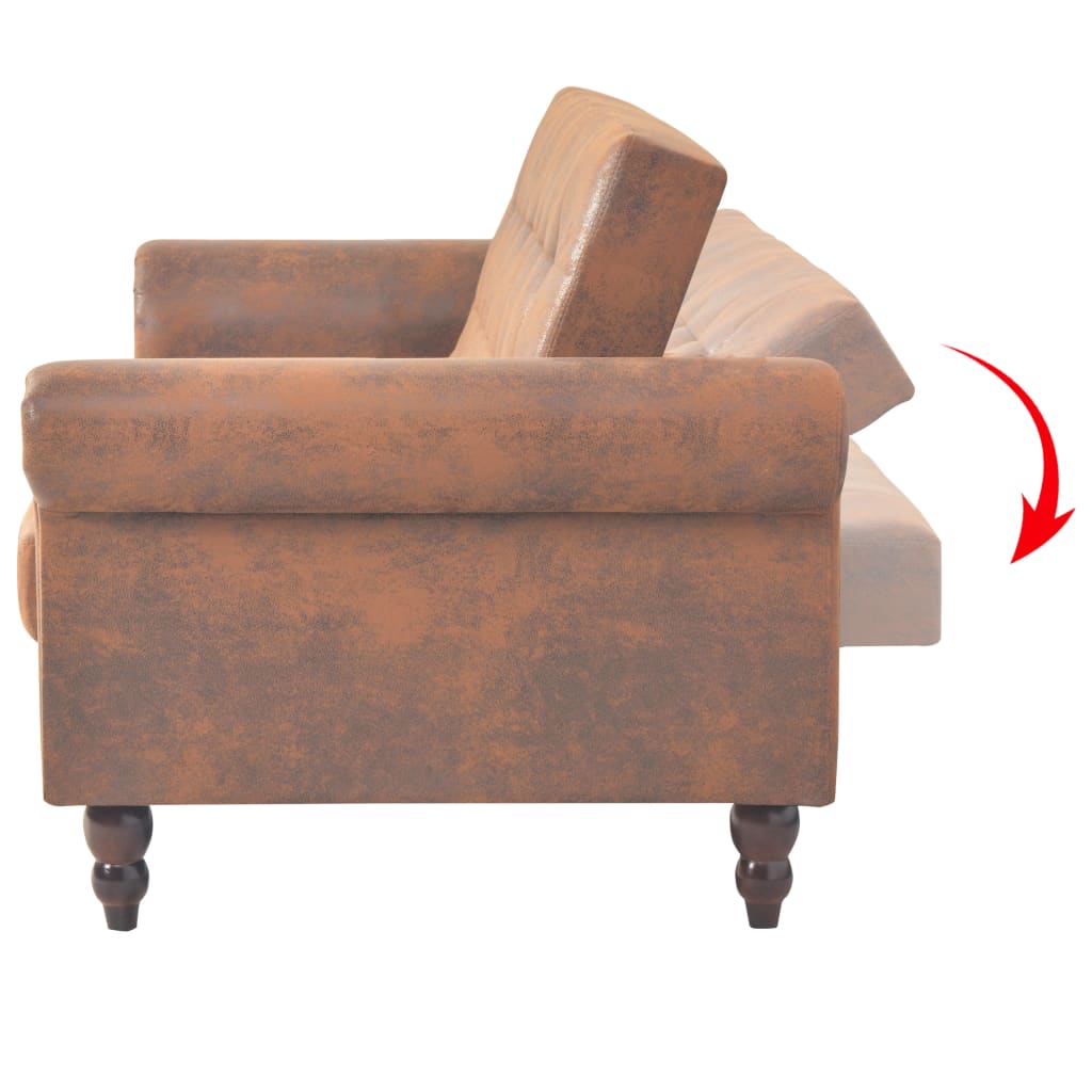 Convertible 2-Seater Sofa with Armrests Artificial Suede Brown