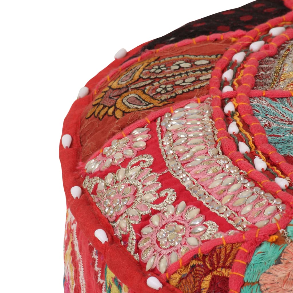Patchwork Pouffe Round Cotton Handmade 40x20 cm Red