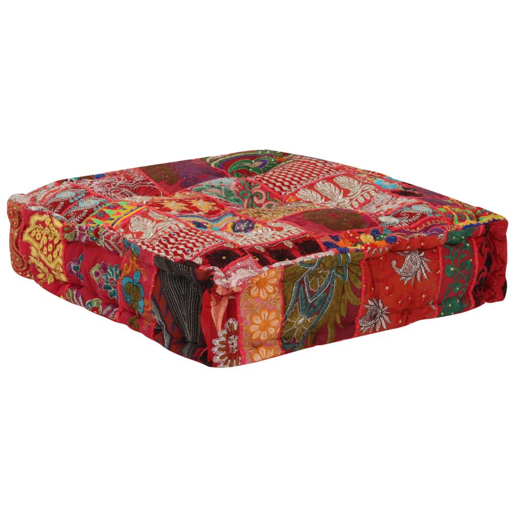 Patchwork Pouffe Square Cotton Handmade 50x50x12 cm Red