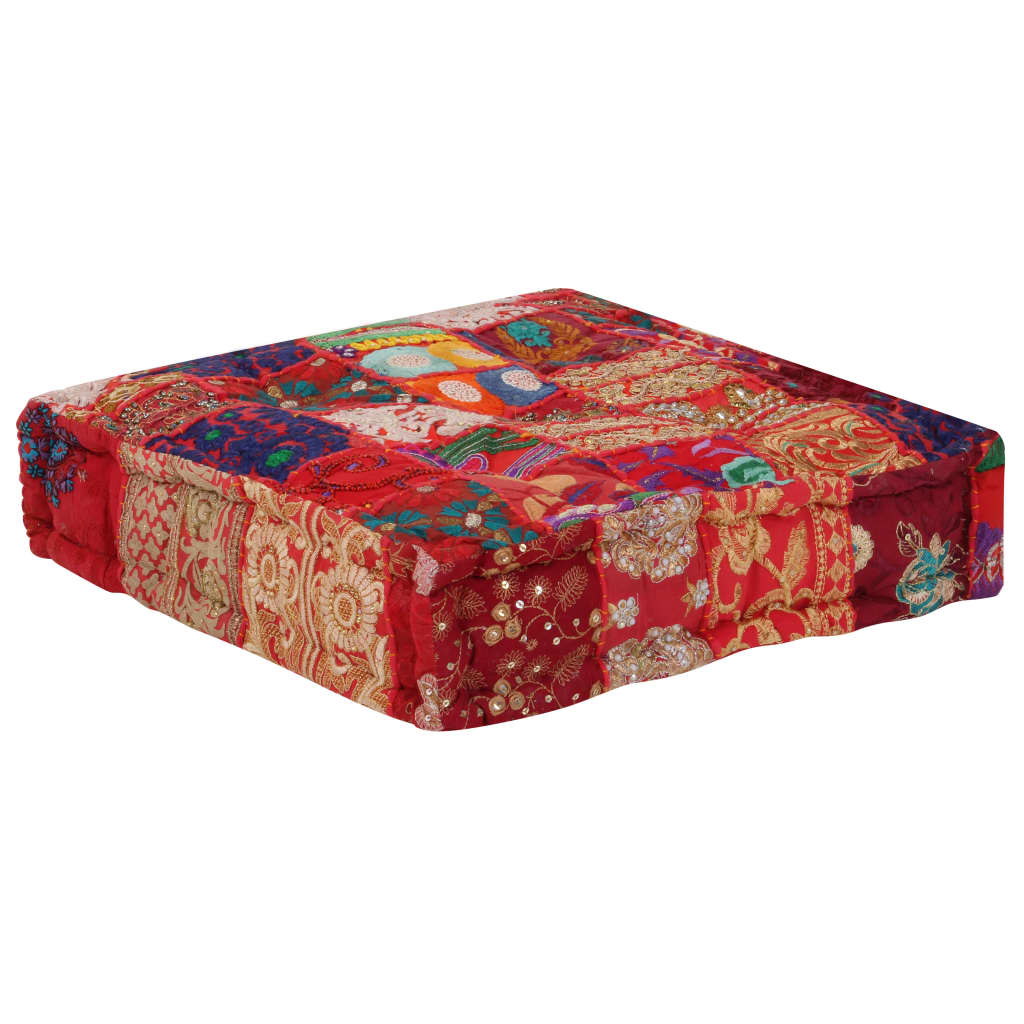 Patchwork Pouffe Square Cotton Handmade 50x50x12 cm Red