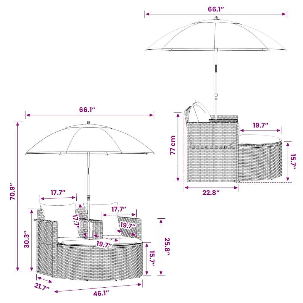 2 Seater Garden Sofa with Cushions and Parasol Grey Poly Rattan