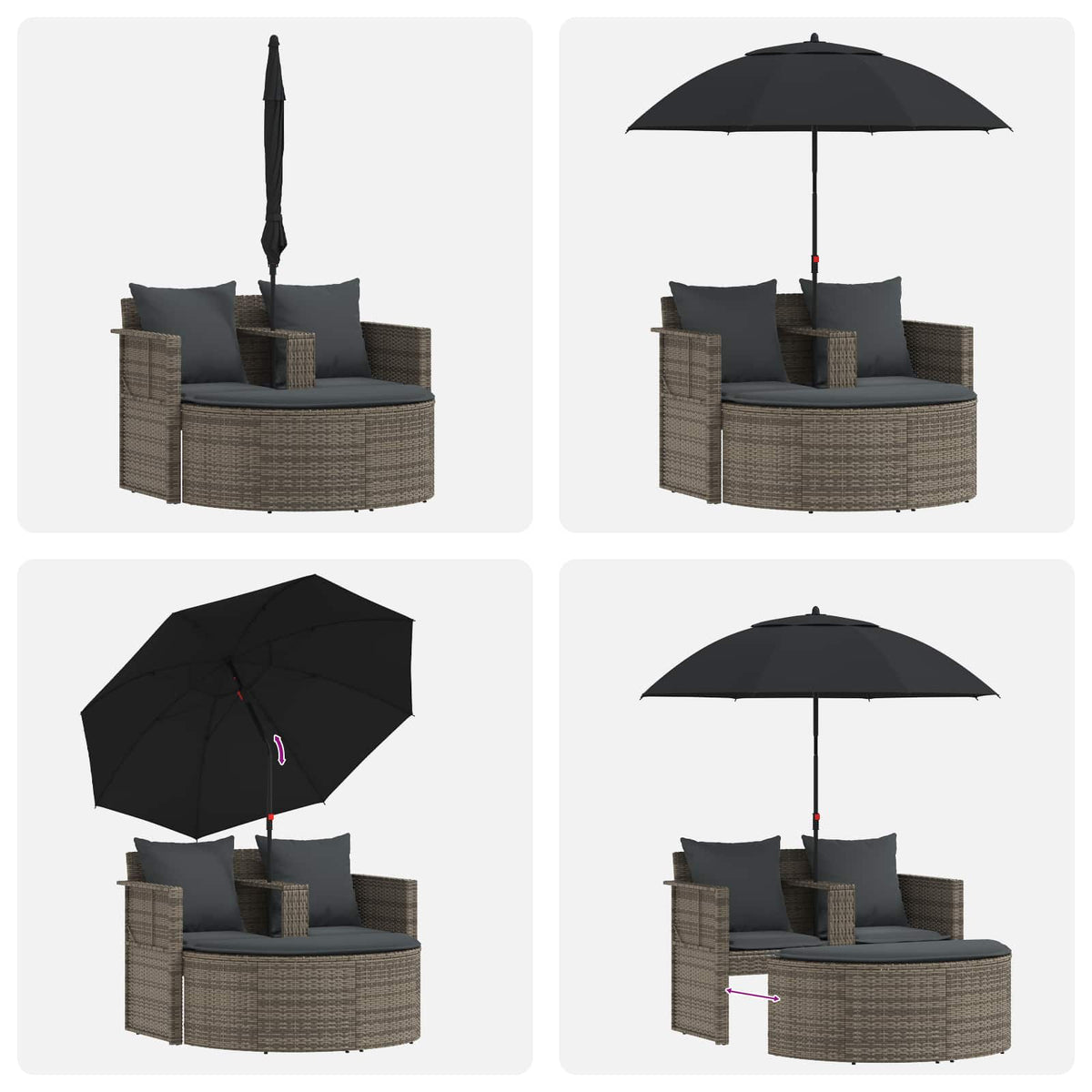 2 Seater Garden Sofa with Cushions and Parasol Grey Poly Rattan