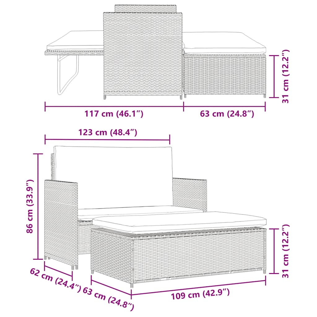 2 Piece Garden Lounge Set with Cushions Poly Rattan Grey