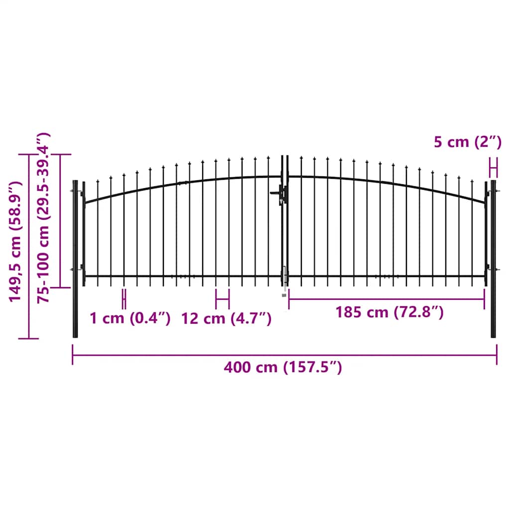 Double Door Fence Gate with Spear Top 400x150 cm