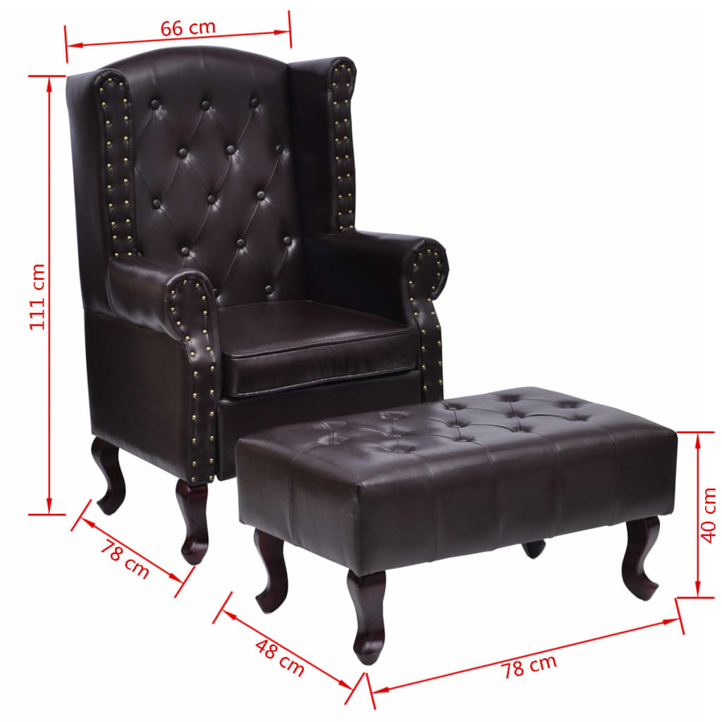 Armchair with Footstool Dark Brown Faux Leather
