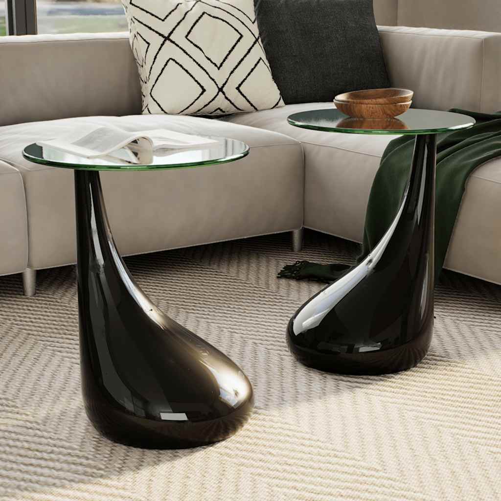 Coffee Table 2 pcs with Round Glass Top High Gloss Black
