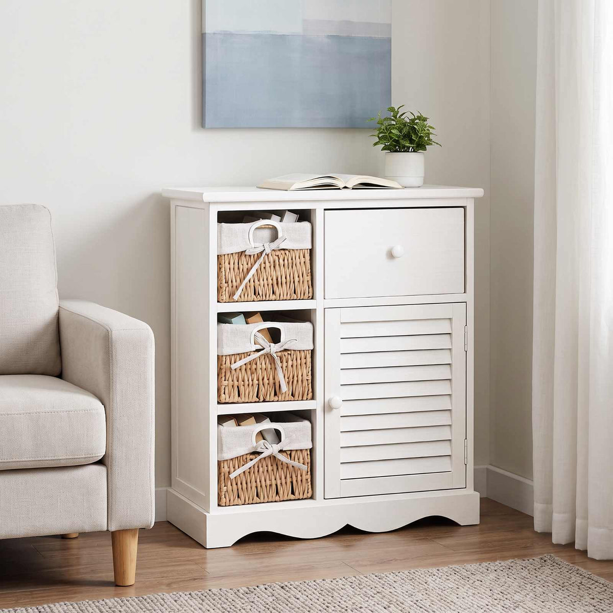 Wooden Cabinet 3 Left Weaving Baskets White