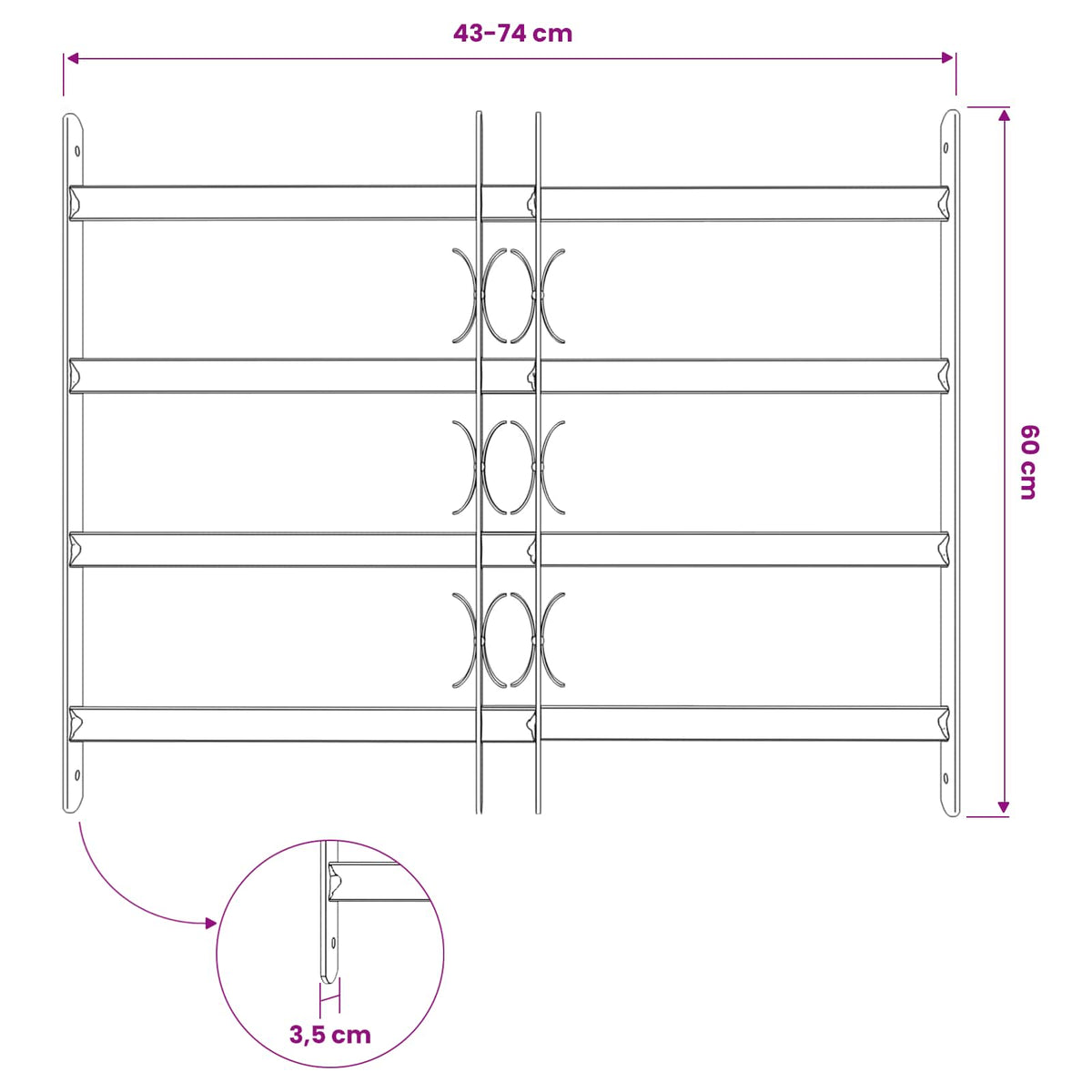 Adjustable Security Grille for Windows with 4 Crossbars 500-650 mm