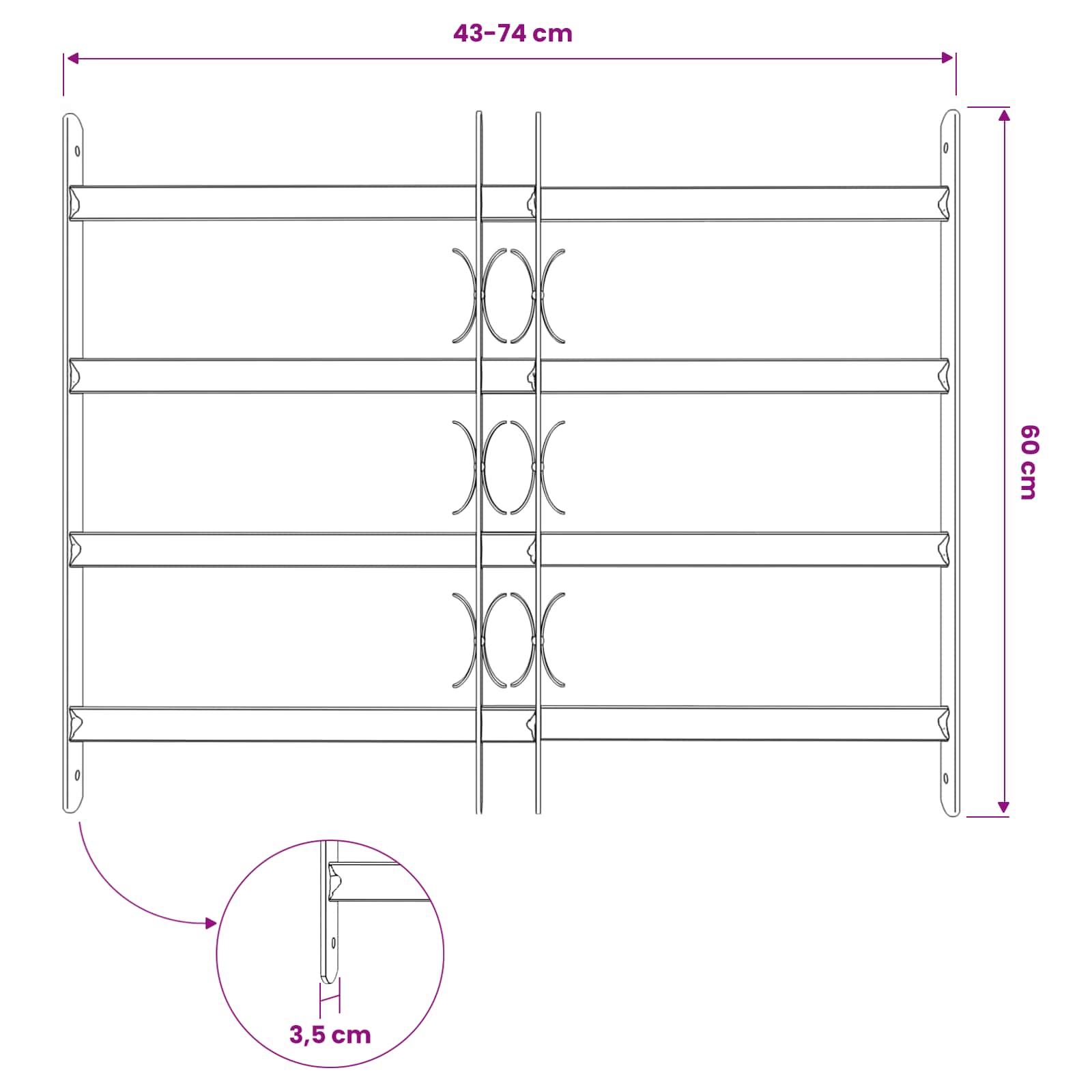 Adjustable Security Grille for Windows with 4 Crossbars 500-650 mm