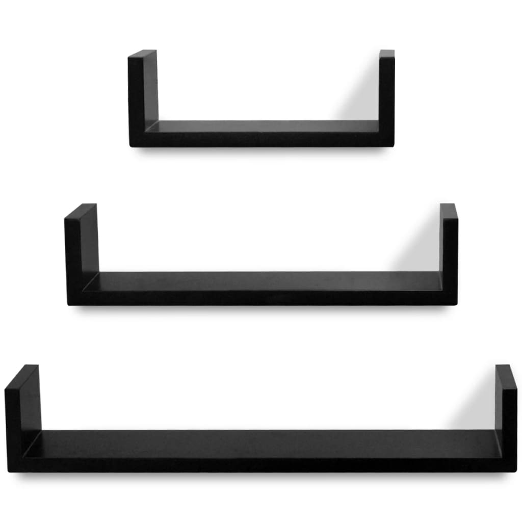 3 Black MDF U-shaped Floating Wall Display Shelves Book/DVD Storage