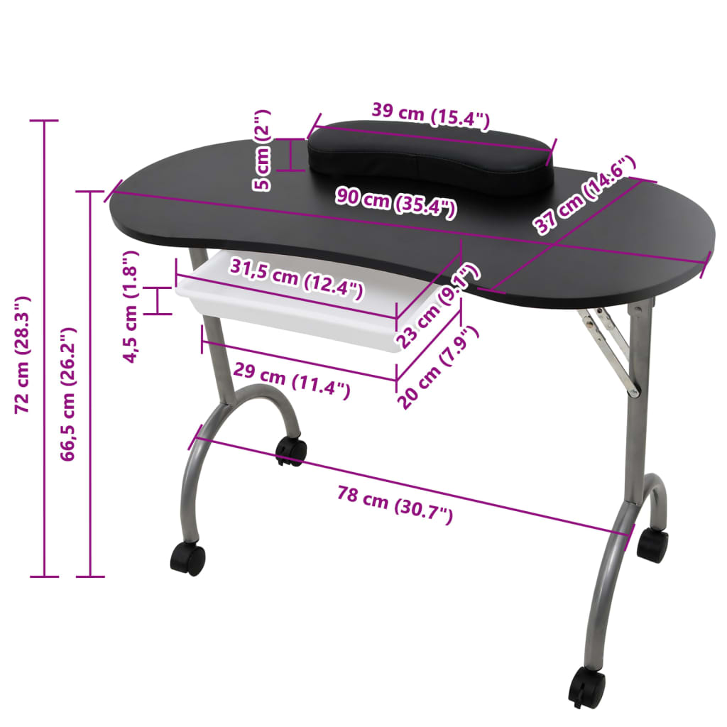 Folding Manicure Nail Table with Castors Black