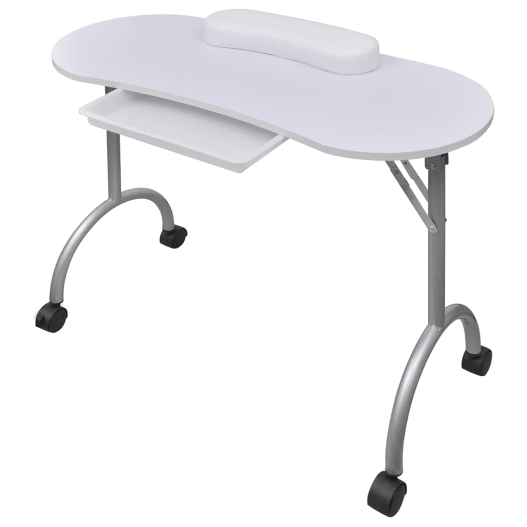 Folding Manicure Nail Table with Castors White