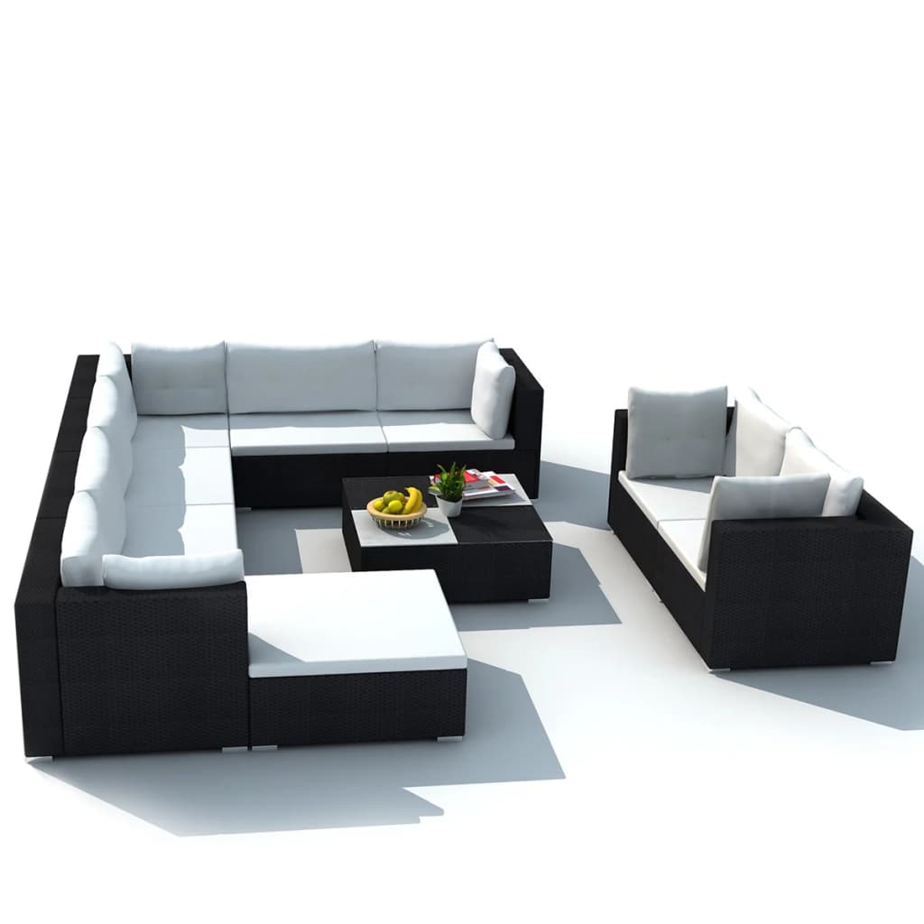 10 Piece Garden Lounge Set with Cushions Poly Rattan Black