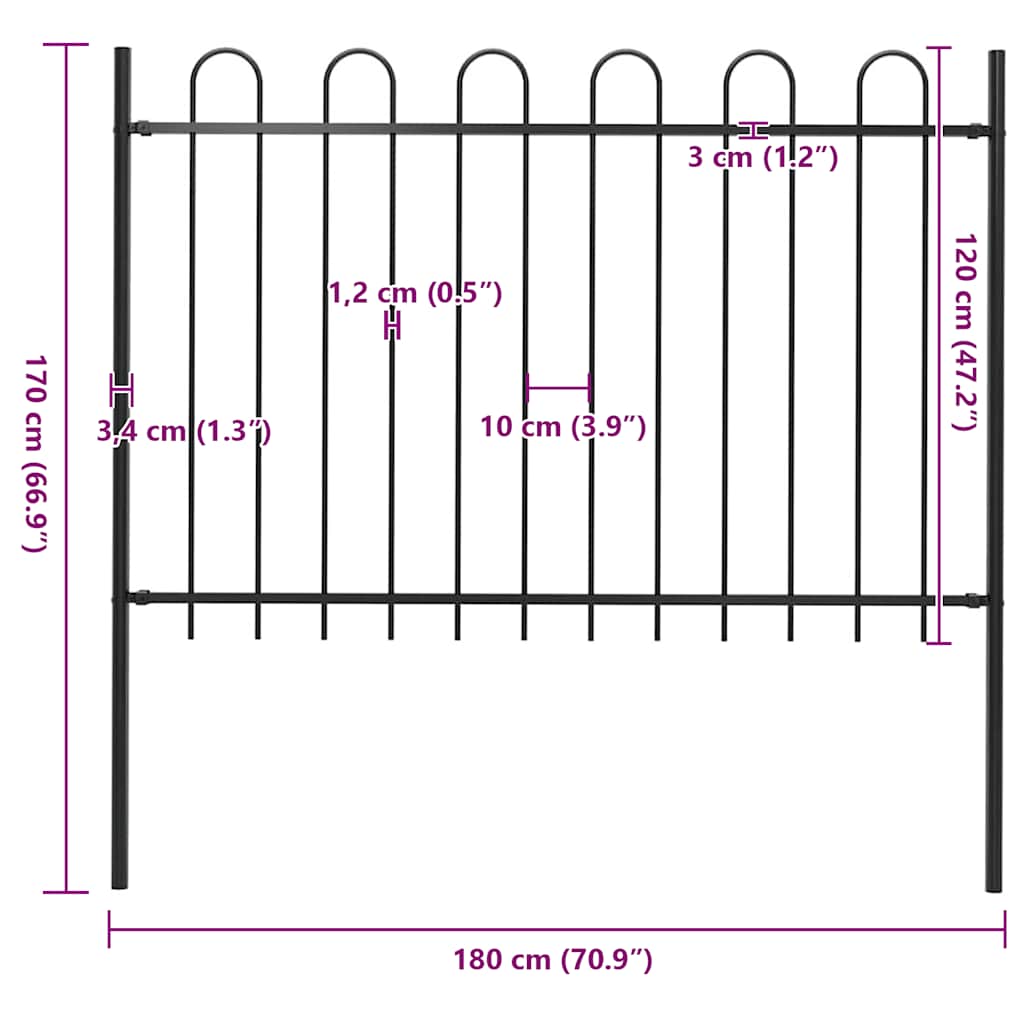 Garden Fence with Hoop Top Steel 181x120 cm Black