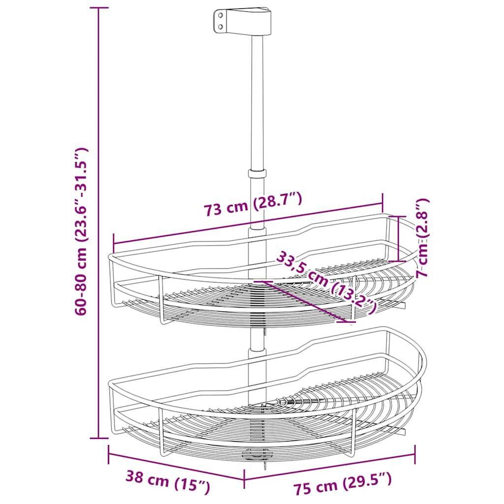 2-Tier Kitchen Wire Basket Silver 180 Degree 75x38x80 cm