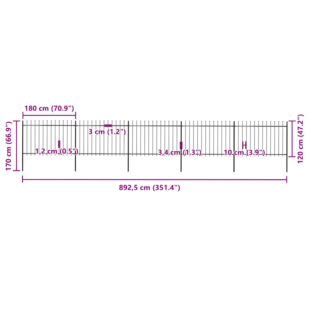 Garden Fence with Spear Top Steel 892.5x120 cm Black