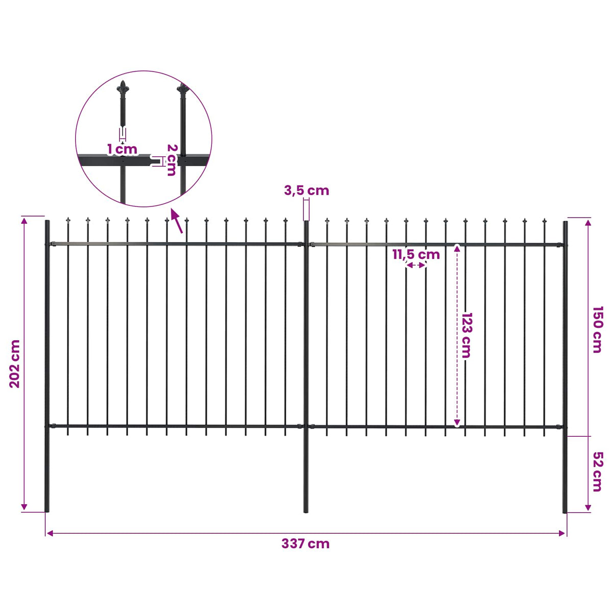 Garden Fence with Spear Top Steel 337x150 cm Black