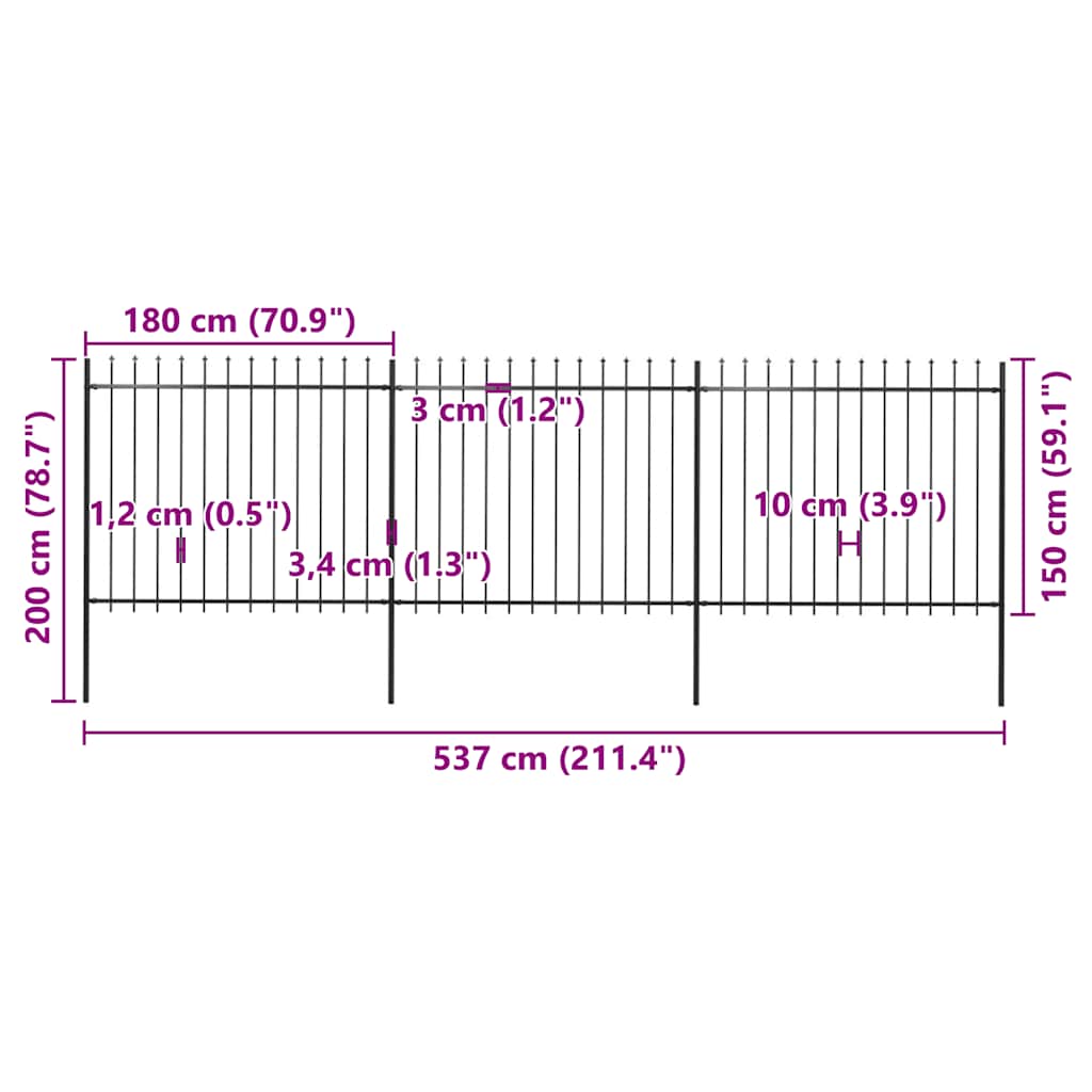Garden Fence with Spear Top Steel 537x150 cm Black
