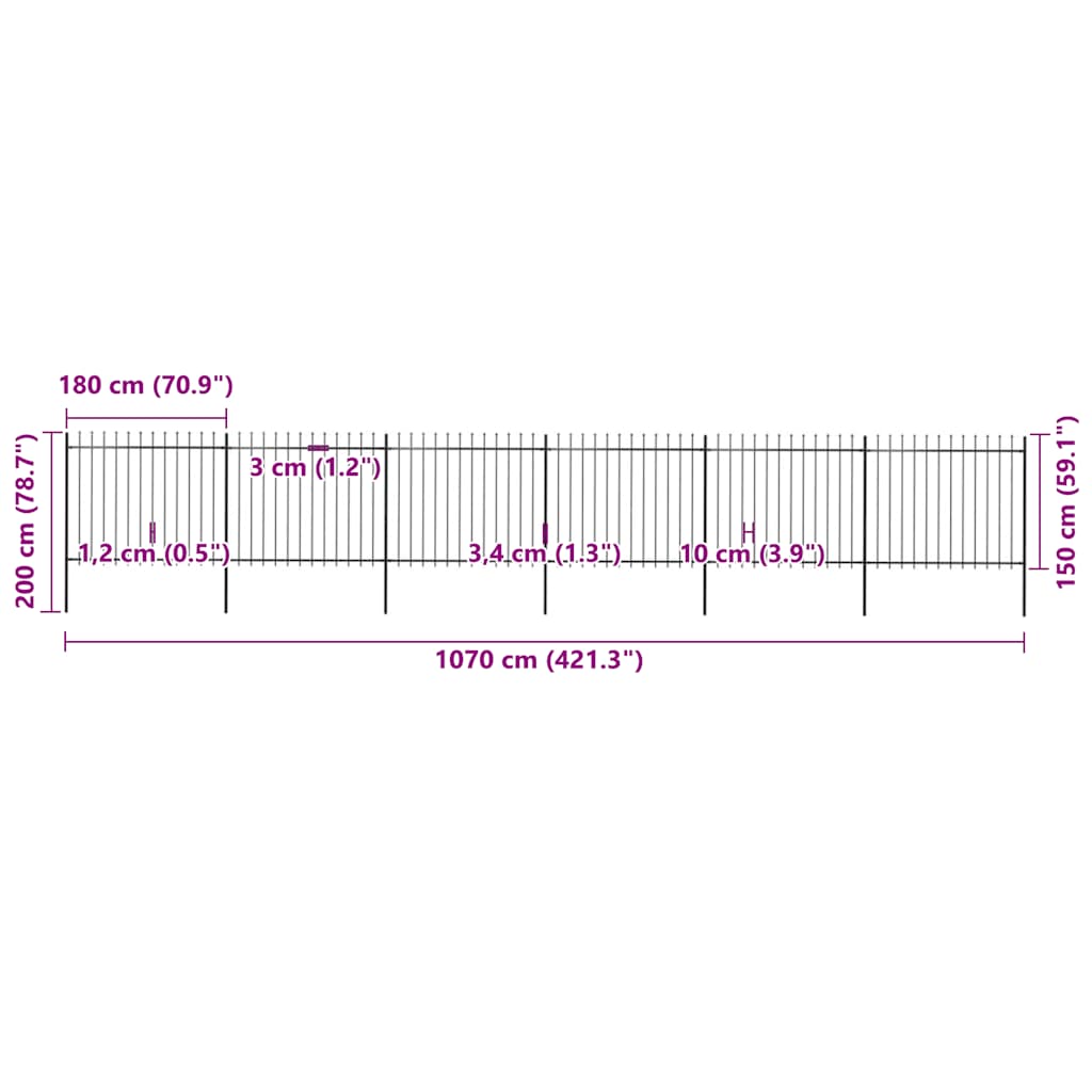 Garden Fence with Spear Top Steel 1070x150 cm Black