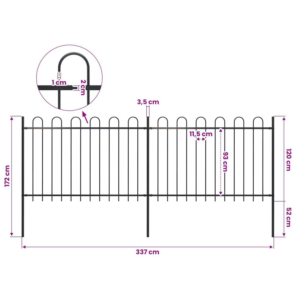 Garden Fence with Hoop Top Steel 359x120 cm Black (2x144931)