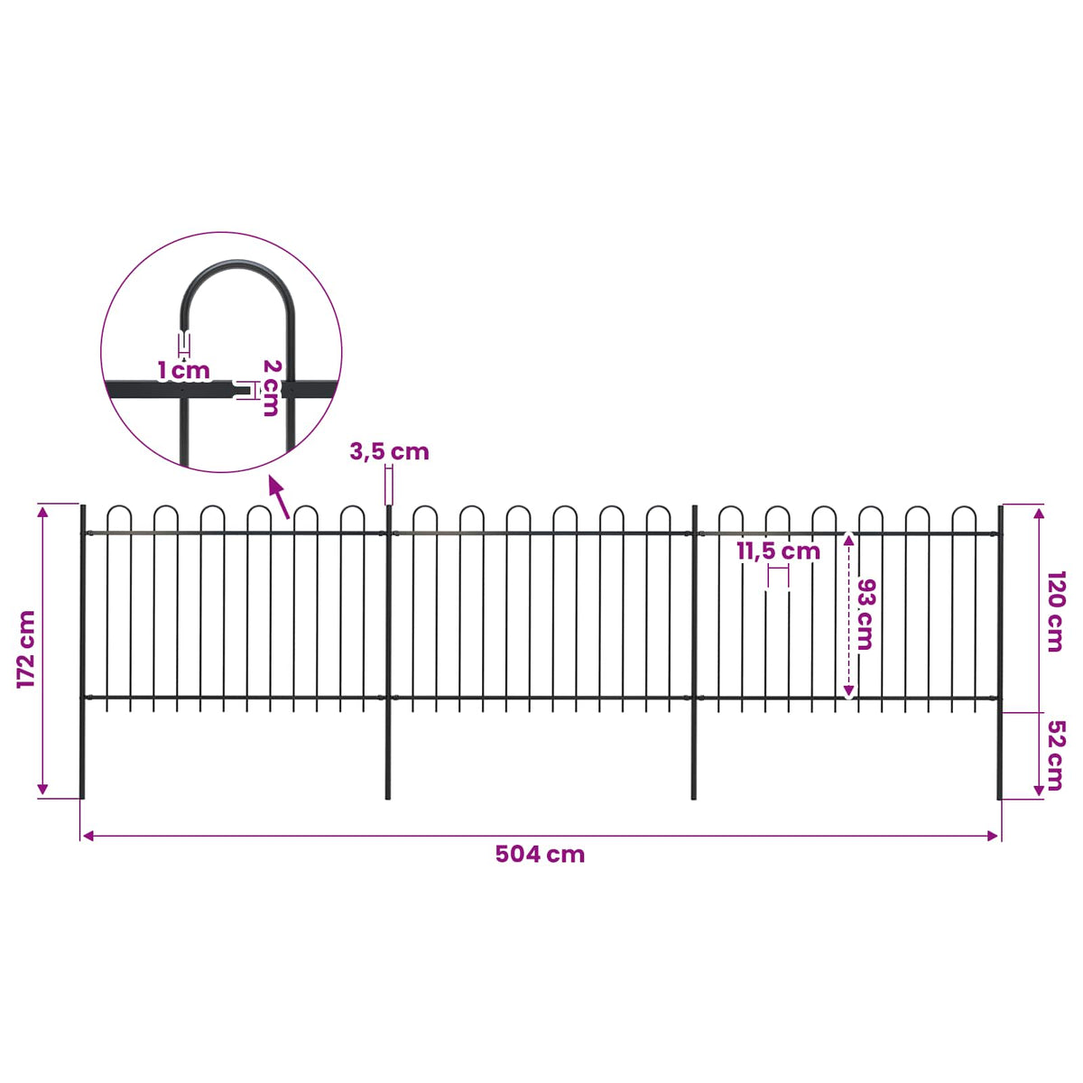 Garden Fence with Hoop Top Steel 537x120 cm Black (3x144931)