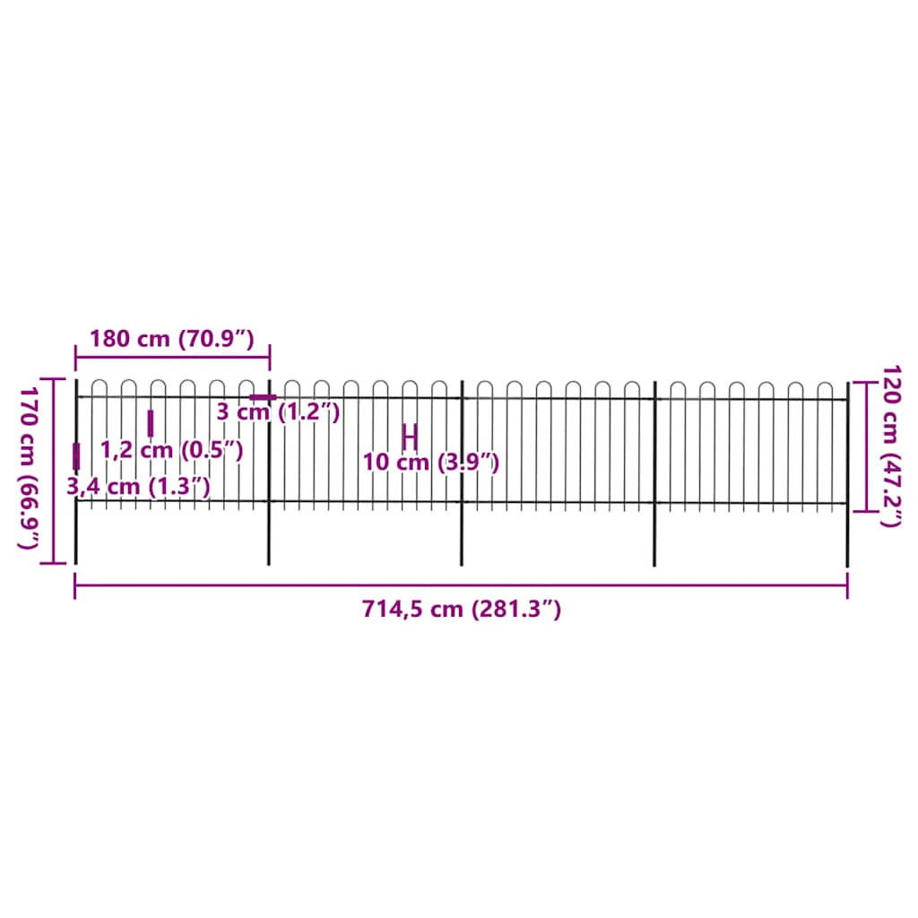 Garden Fence with Hoop Top Steel 714,5x120 cm Black (4x144931)