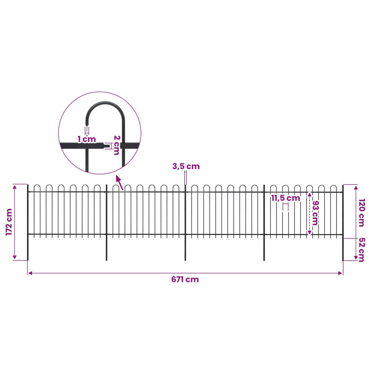 Garden Fence with Hoop Top Steel 714,5x120 cm Black (4x144931)