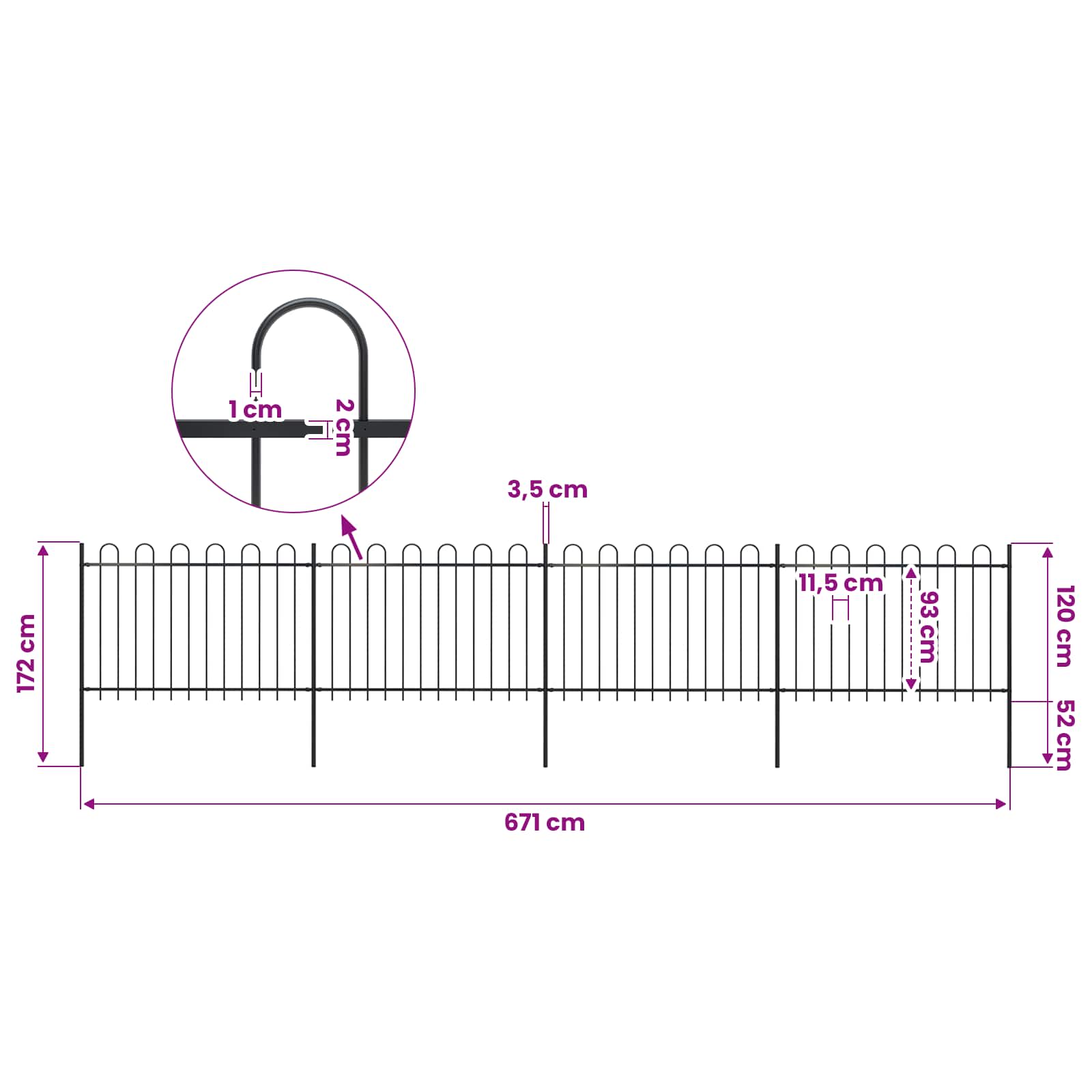 Garden Fence with Hoop Top Steel 714,5x120 cm Black (4x144931)