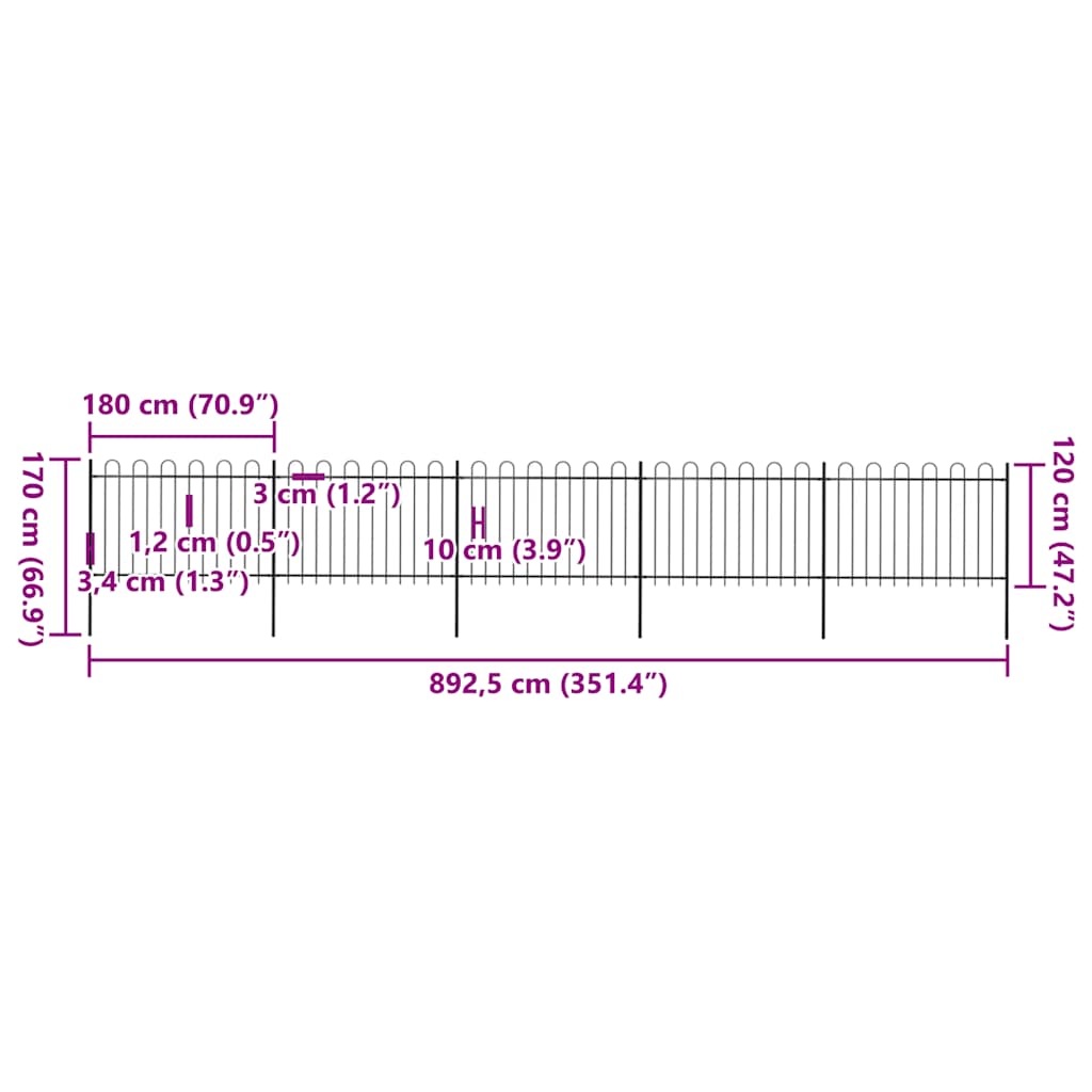 Garden Fence with Hoop Top Steel 892,5x120 cm Black (5x144931)