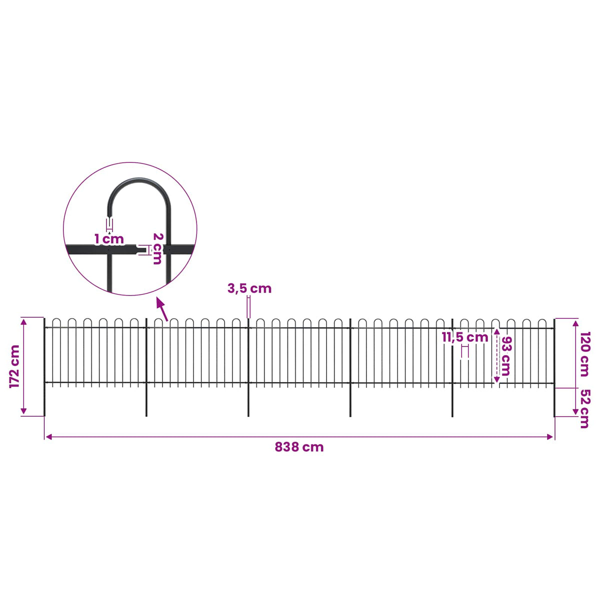 Garden Fence with Hoop Top Steel 892,5x120 cm Black (5x144931)