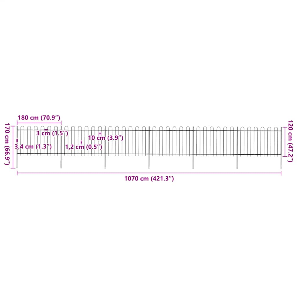 Garden Fence with Hoop Top Steel 1070x120 cm Black (6x144931)