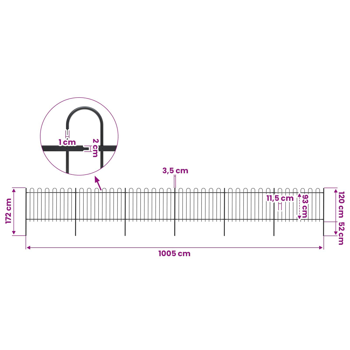 Garden Fence with Hoop Top Steel 1070x120 cm Black (6x144931)