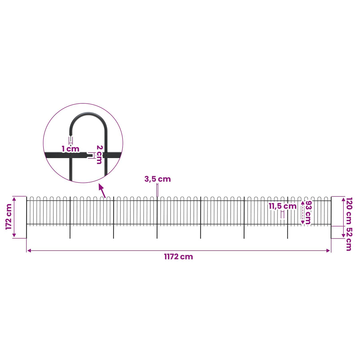 Garden Fence with Hoop Top Steel 1248x120 cm Black (7x144931)
