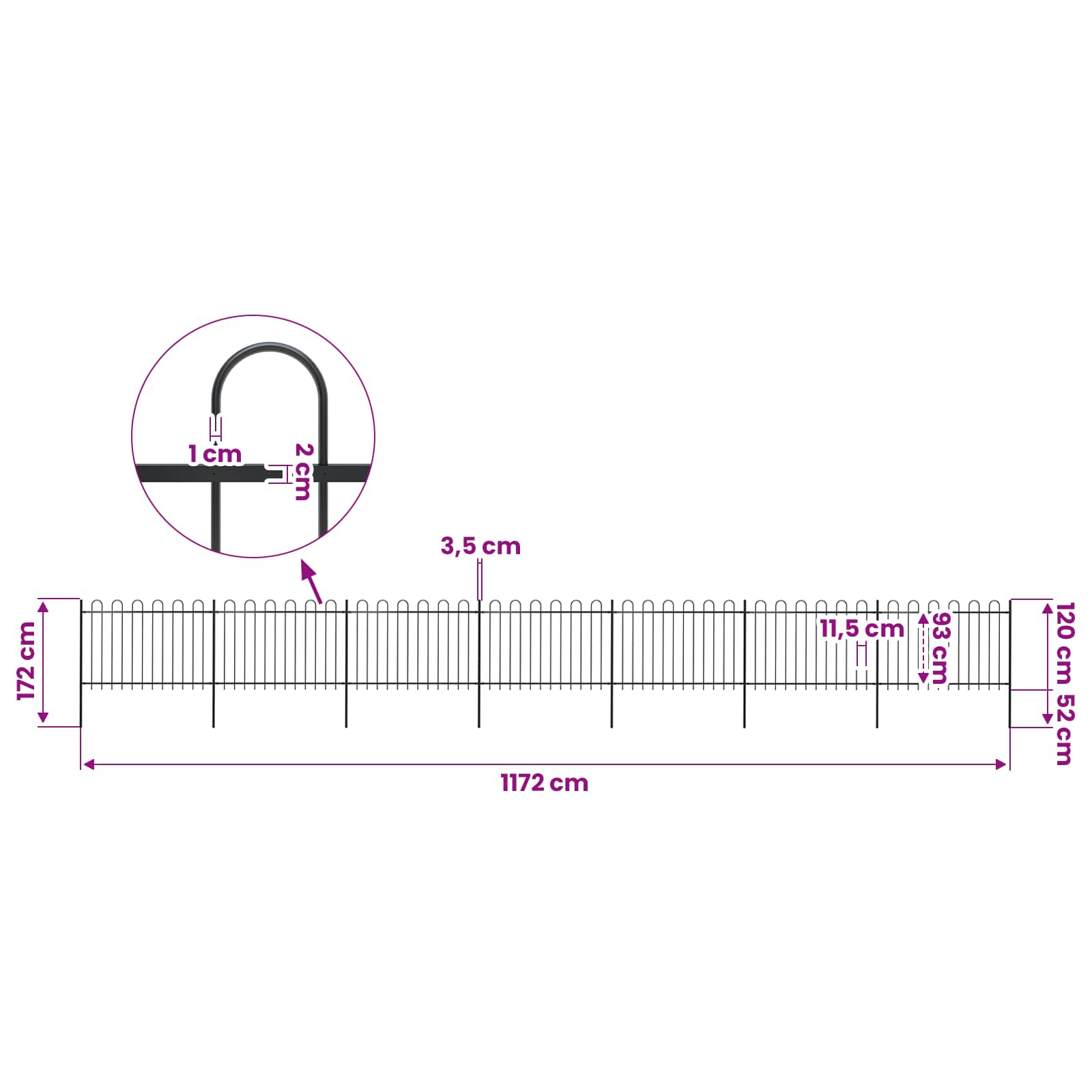 Garden Fence with Hoop Top Steel 1248x120 cm Black (7x144931)