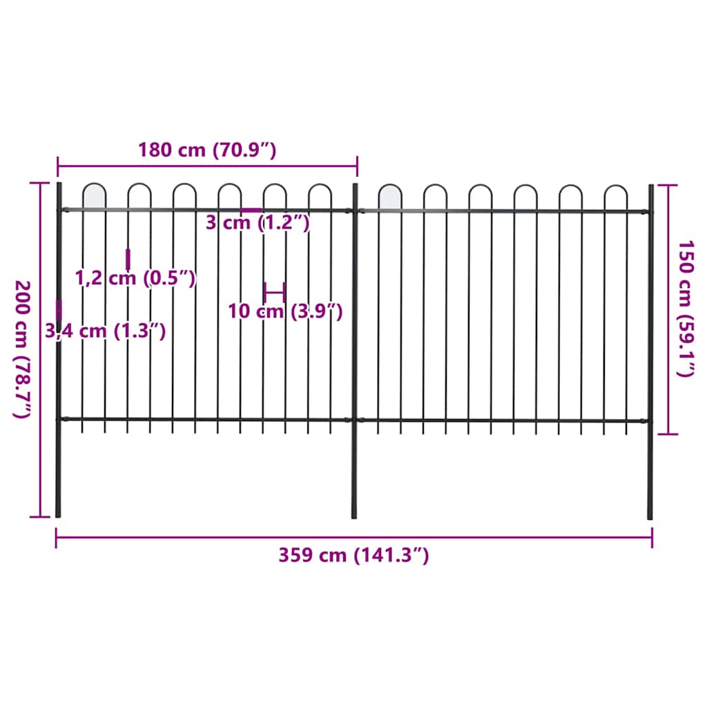 Garden Fence with Hoop Top Steel 359x150 cm Black (2x144932)
