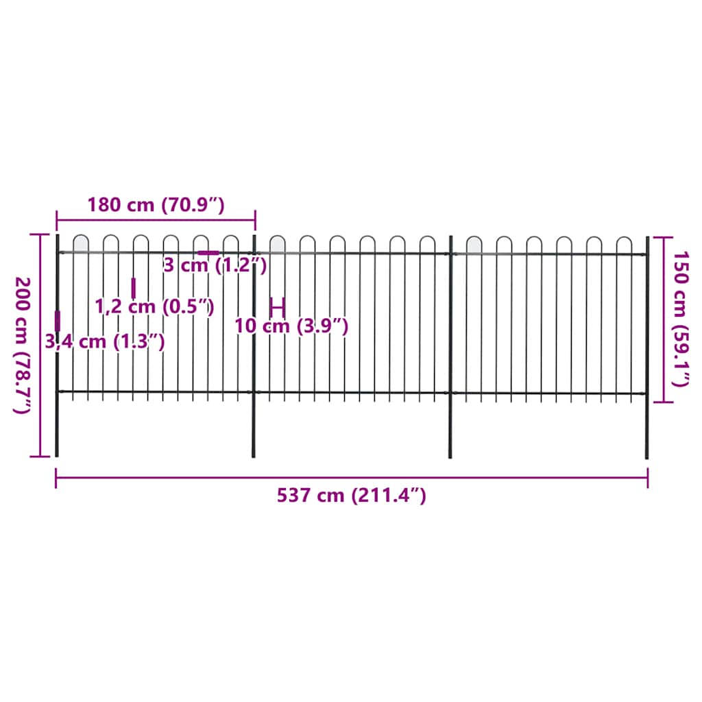 Garden Fence with Hoop Top Steel 537x150 cm Black (3x144932)