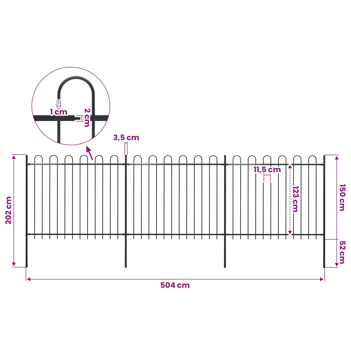 Garden Fence with Hoop Top Steel 537x150 cm Black (3x144932)