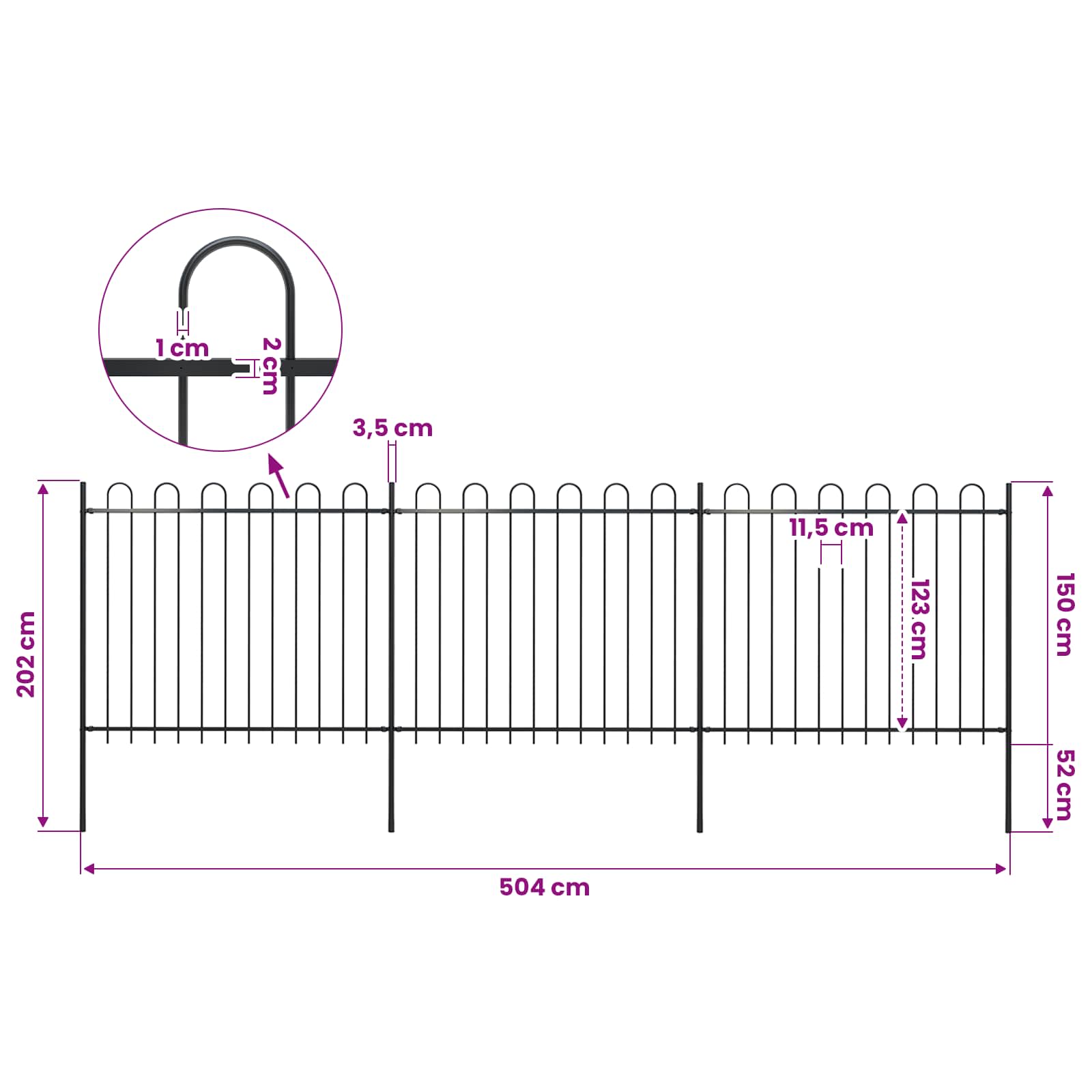 Garden Fence with Hoop Top Steel 537x150 cm Black (3x144932)