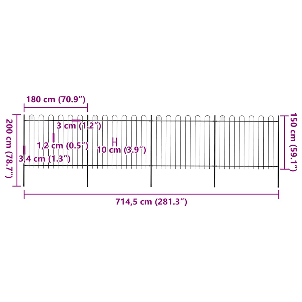 Garden Fence with Hoop Top Steel 714,5x150 cm Black (4x144932)