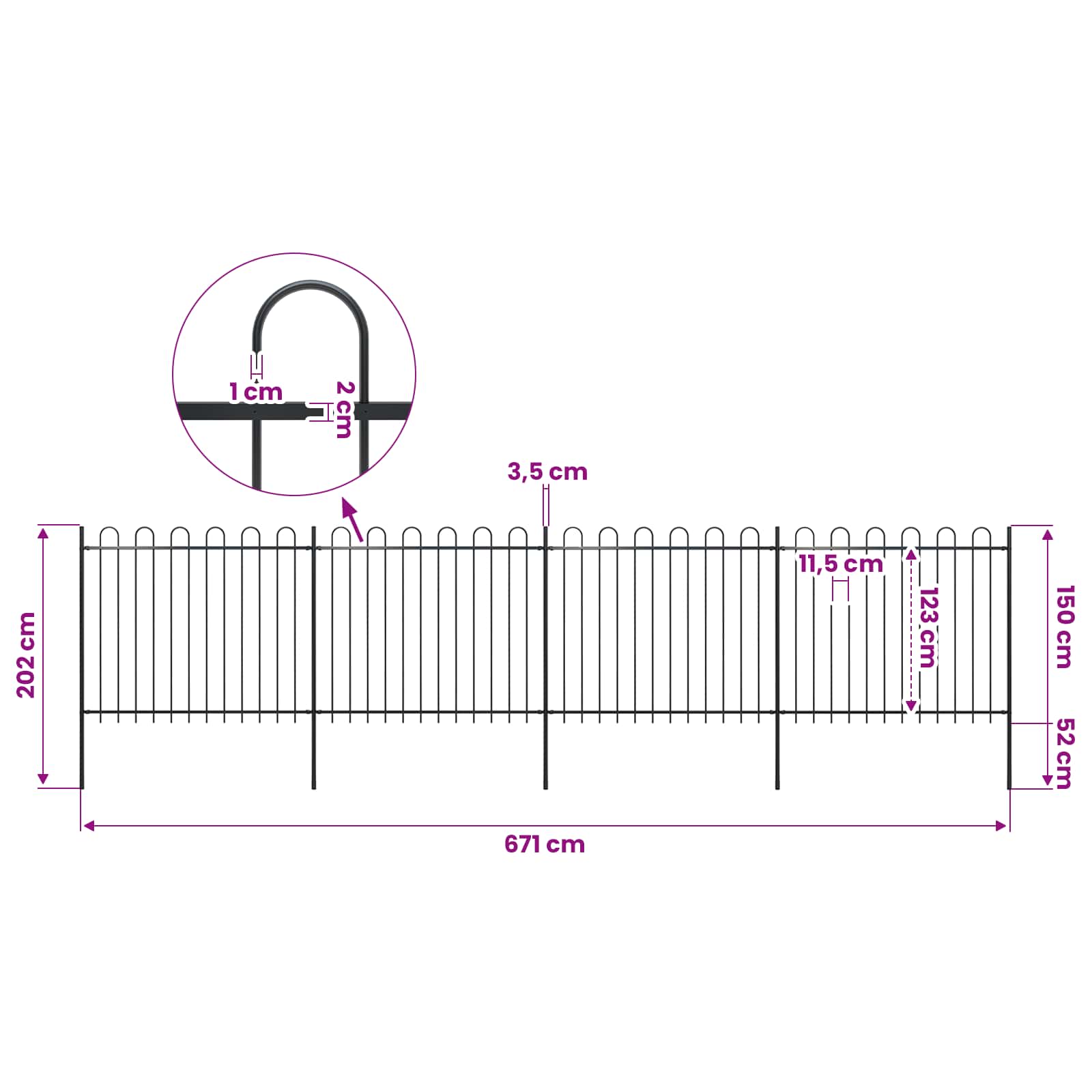 Garden Fence with Hoop Top Steel 714,5x150 cm Black (4x144932)