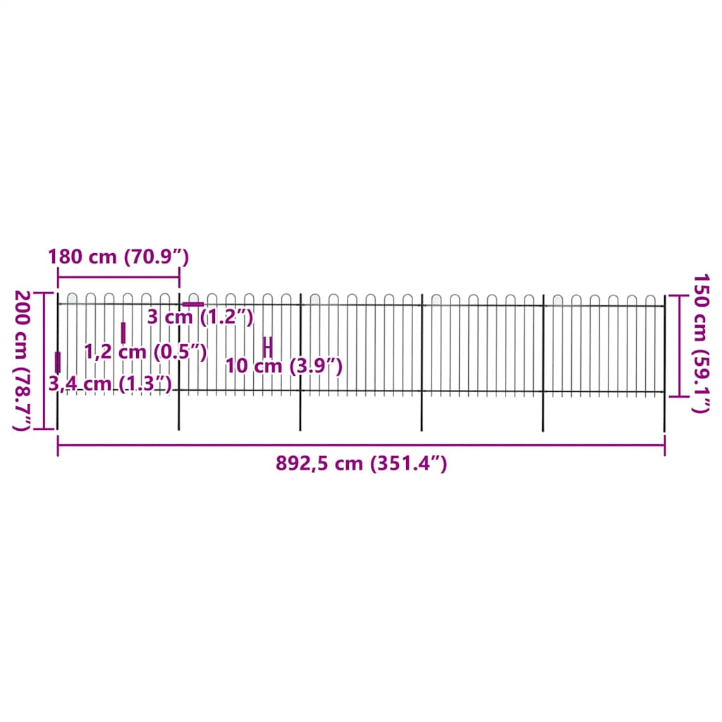 Garden Fence with Hoop Top Steel 892,5x150 cm Black (5x144932)