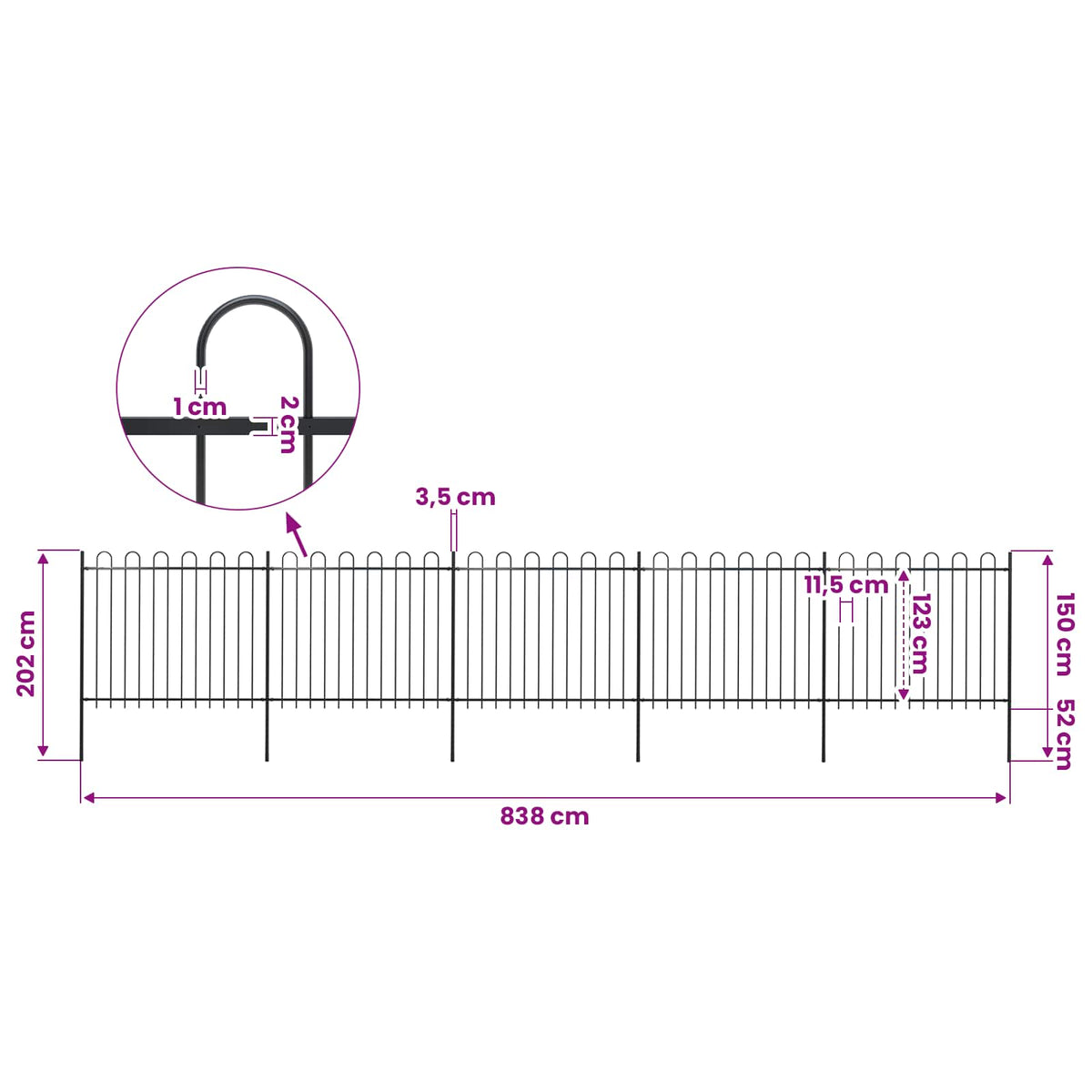 Garden Fence with Hoop Top Steel 892,5x150 cm Black (5x144932)