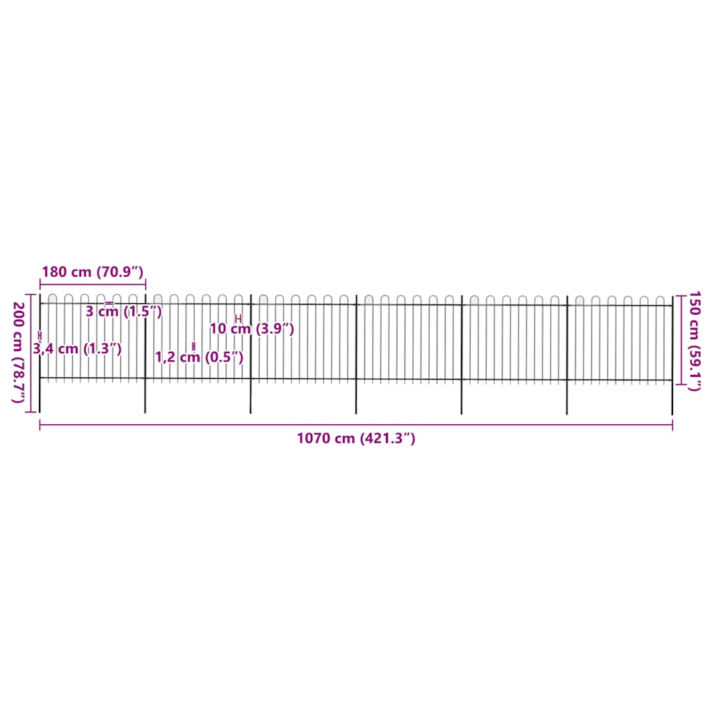 Garden Fence with Hoop Top Steel 1070x150 cm Black (6x144932)
