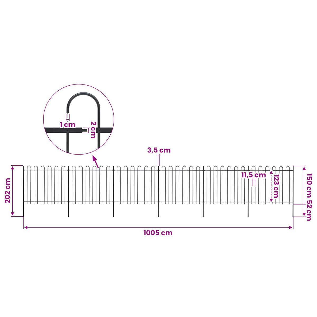 Garden Fence with Hoop Top Steel 1070x150 cm Black (6x144932)