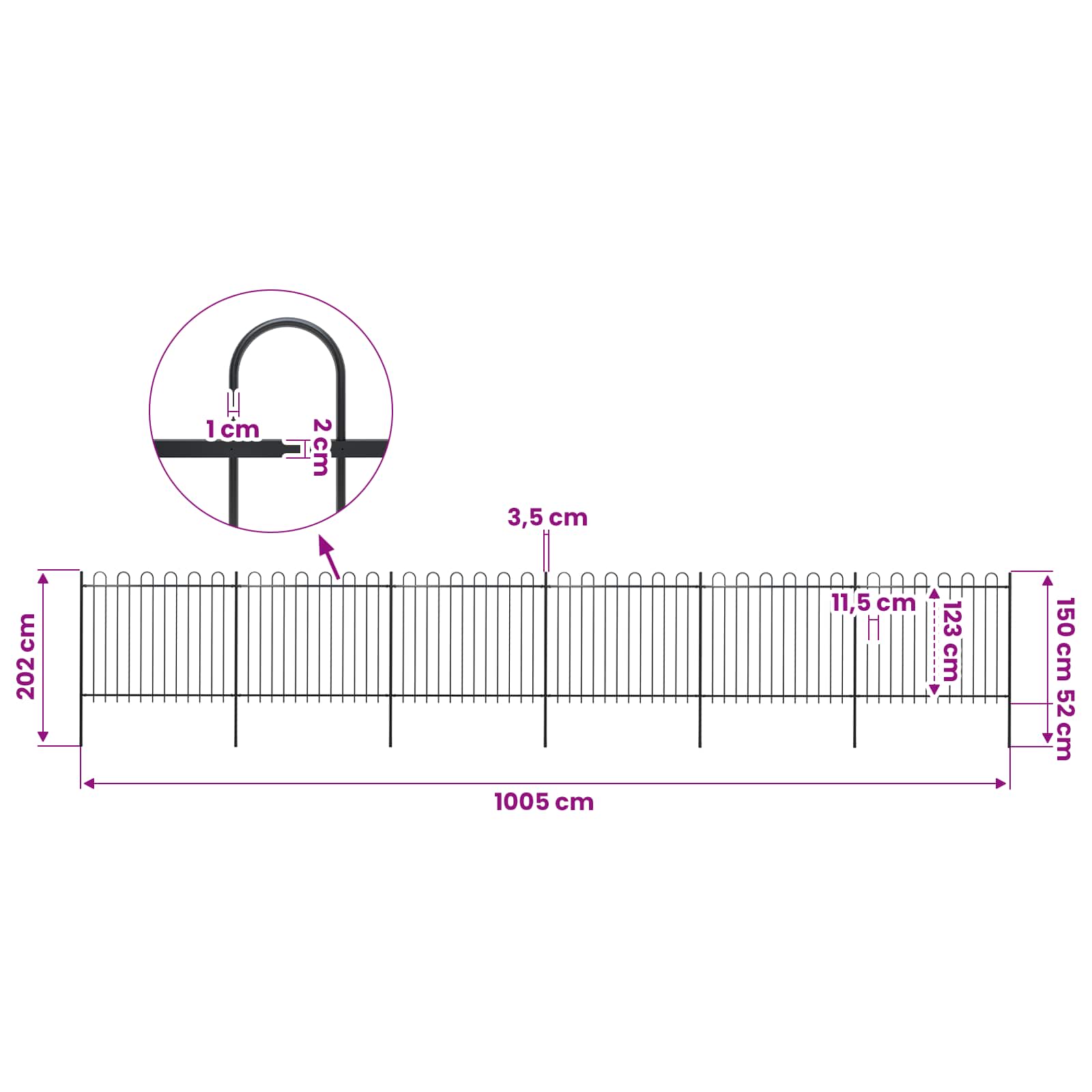 Garden Fence with Hoop Top Steel 1070x150 cm Black (6x144932)