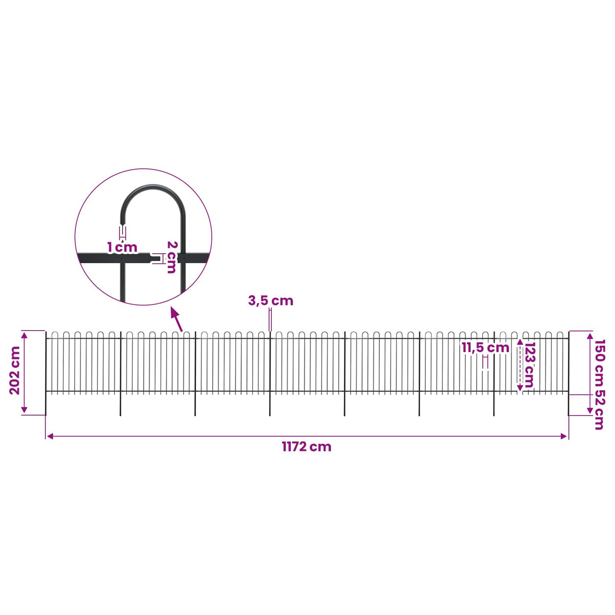 Garden Fence with Hoop Top Steel 1248x150 cm Black (7x144932)