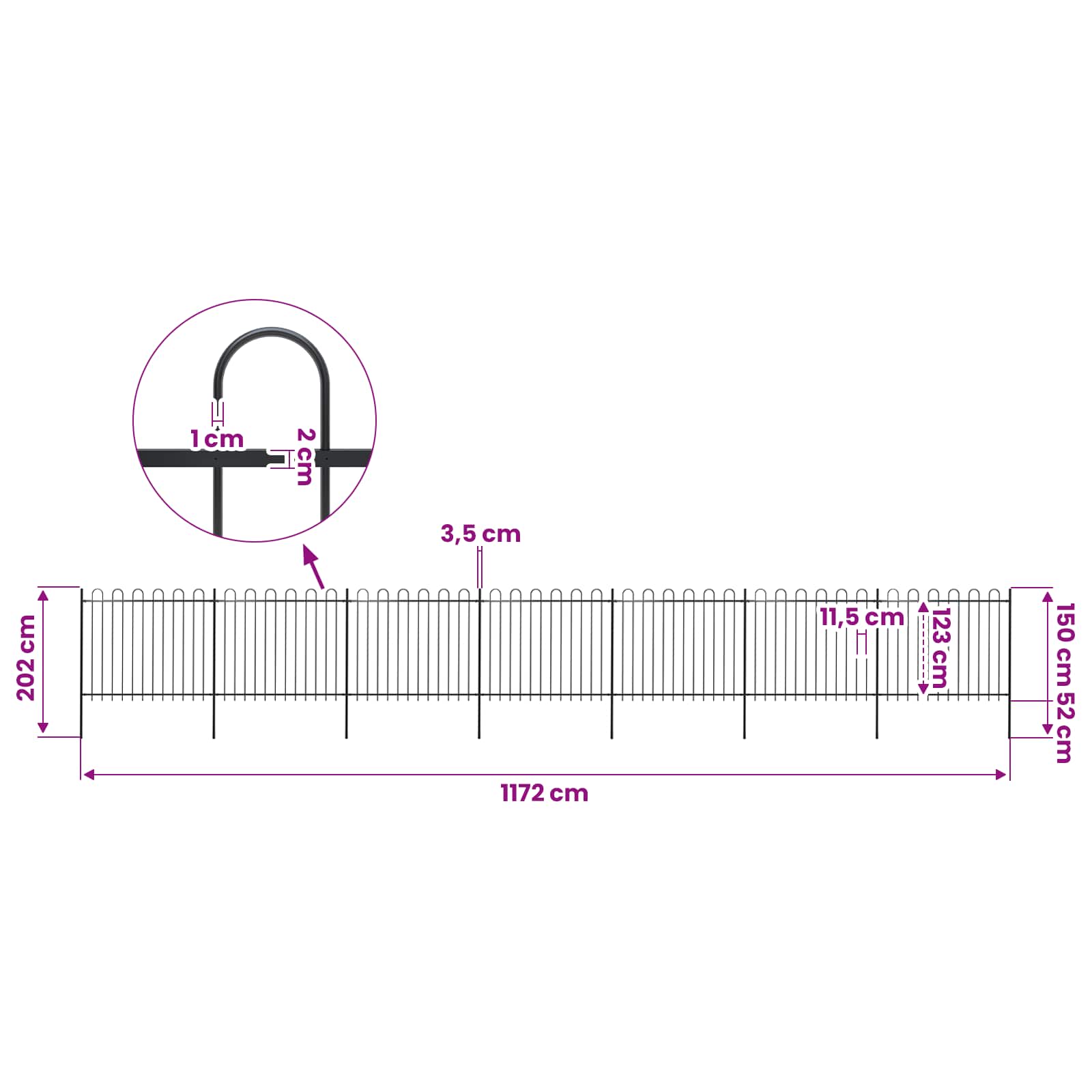 Garden Fence with Hoop Top Steel 1248x150 cm Black (7x144932)